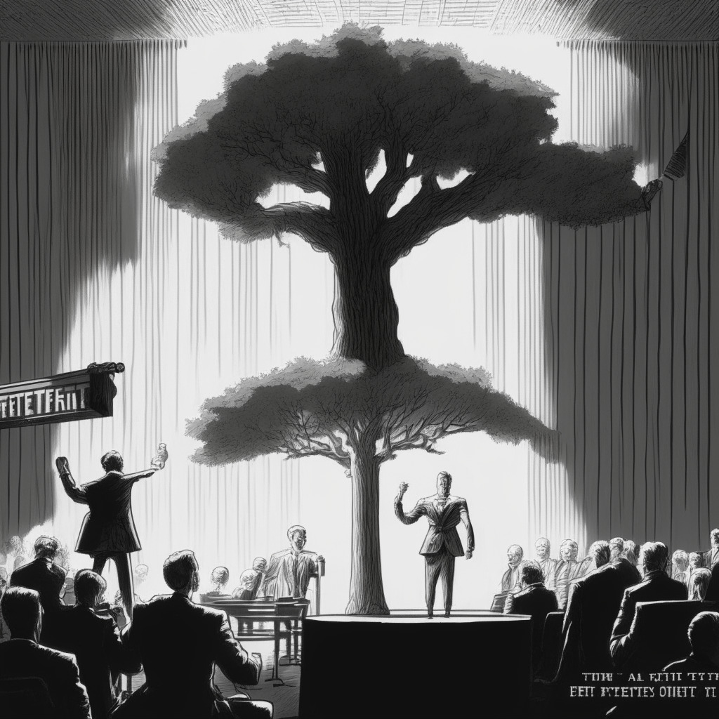 A dramatic courtroom scene in monochromatic style, grayscale hues hinting at the contentious lawsuit. A symbolic tree looming over an intense Gary Gensler, leaning on a gavel. A single, defiant bitcoin standing tall beside a document titled 'ETF'. Figures, portraying US Congressmen, casting long shadows under a stark, cold light, telegraphing tension, uncertainty and anticipation.
