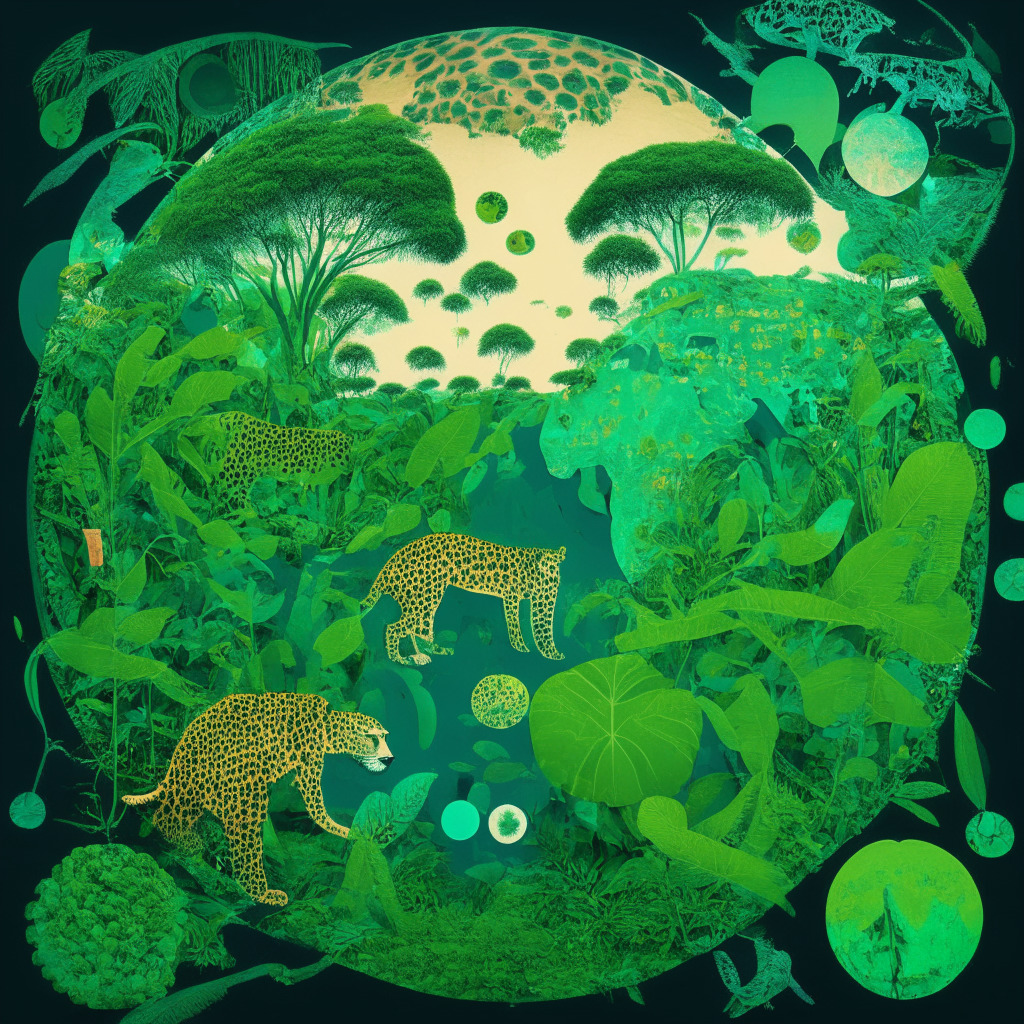 Surrealistic image of a green, flourishing planet inhabited by various wildlife, such as jaguars and elephants. The color palette is vibrant, reflecting an eco-friendly future. A digital blockchain pattern encircles the planet illustrating the merging of nature with technology. The mood is optimistic yet introspective, reflecting the risk and reward brought by green investments.
