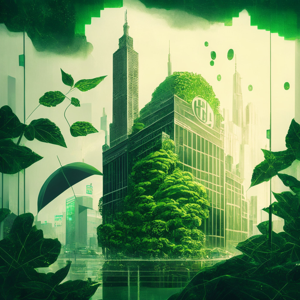 A modern cityscape under soft morning light, featuring the Amsterdam Stock Exchange and futuristic green technology. Detailing a gathering storm brewing, symbolic of the contrasting fortunes of the Bitcoin industry. In the foreground, a scale balancing glowing bitcoins and green leaves, embodying the paradox of environmental investing. The style should fuse realism with a touch of surrealism, exuding a mood of hopeful uncertainty.