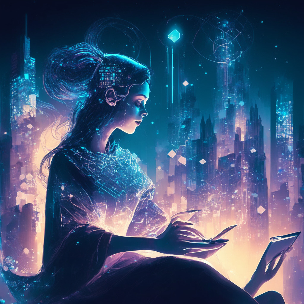 An ethereal female artist, immersed in creating digital art on a glowing tablet, her elements morph into vibrant NFT forms in mid-air, blockchain links subtly entwining them. She sits under a soft moonlight against a backdrop of a futuristic cityscape, hinting at the neo-renaissance style. Scene evokes a palpable sense of optimism, progress and revolution.