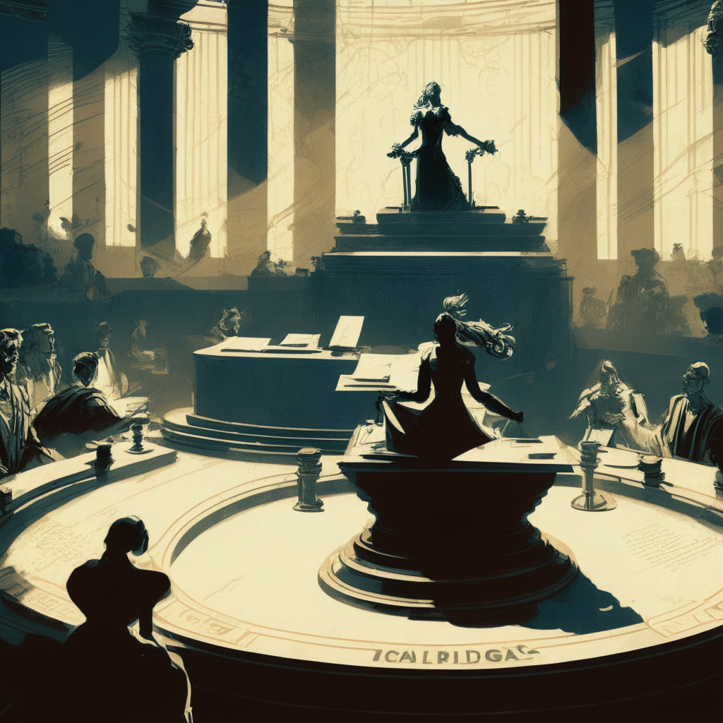 Dramatic courtroom scene under soft yet stern light setting, Baroque style elements, A judge seated high on a pedestal, giving order, surrounding her, abstract representations of battling forces symbolizing SEC & Ripple Labs. Risqué documents with cryptic redactions scattered on a massive table. Subtle tension, mood of confrontation, breakthrough revelations, subtly embedded Ether coins as symbols of the financial context.