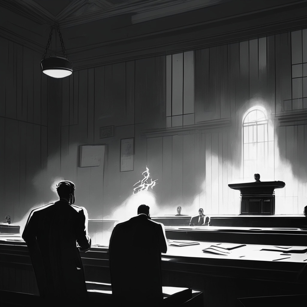 A courtroom scene imbued with suspense and tension, ambient light from high windows casting a somber mood on the room, a furious digital entity and a lurking cybercriminal, an ethereal bitcoin floating amidst the chaos. Grayscale, drips implying negligence, focus shifted on the heated legal clash, cyber security symbolism enmeshed in the air.
