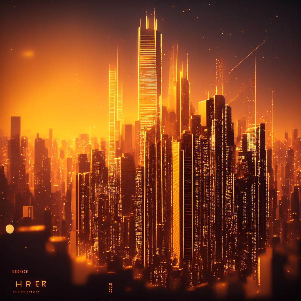 A futuristic financial cityscape bathed in the soft glow of a golden sunset illuminating tall skyscrapers. A digital coin, symbolizing HBAR, hovers mid-air, vibrant and shining brightly. Beneath lies a detailed hashgraph, representing Hedera's robust algorithm. In one corner, a small, brilliantly lit display of an NFT, illustrating Dropp's NFT market. The overall mood is optimistic, hopeful, and the style is ultra-realistic, oozing a sense of mystery and anticipation about the blockchain's future in the financial ecosystem.