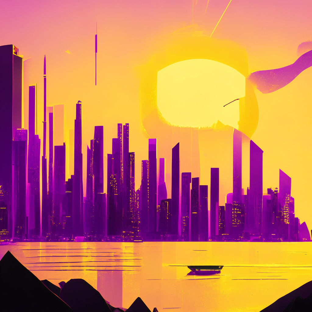 A futuristic Hong Kong skyline at sunset, bathed in soft golden and purple hues. In the foreground, a symbolic representation of blockchain technology reflecting upon a calm harbor. Animated with an abstract, cubist style. A $100 million green bond, visibly tokenized, soaring high into the sky, illustrating tech-innovation disrupting the traditional. Beneath, shadows of fragmentation and regulatory challenges lurk, signifying hurdles yet to overcome. This complex scene mirrors progress, perseverance and cautious optimism.
