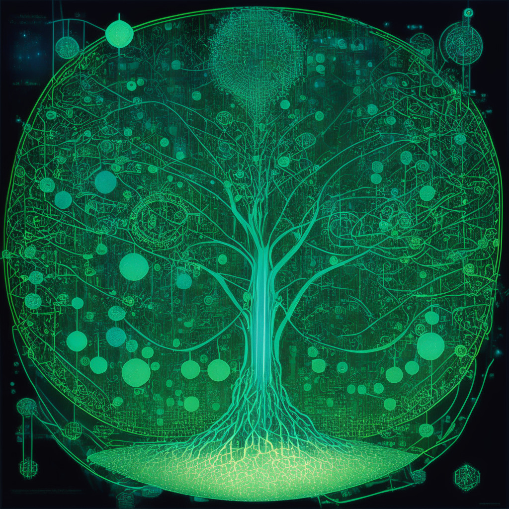 Art Nouveau style depiction of a vast digital realm, filled with glowing green interconnected nodes representing Web3 technology. In the center, a discernible 'digital fingerprint' etched onto a blockchain, symbolizing tracking commodities origin. Color pallet of muted greens and blues, defying gravity, illuminated by a soft ethereal glow representing the all-pervasive nature of information in this realm. Feelings of optimism and hope underscore the daunting challenge of Pinpoint lights symbolize different stages of a product's journey. Mood: Inspiring yet complex.