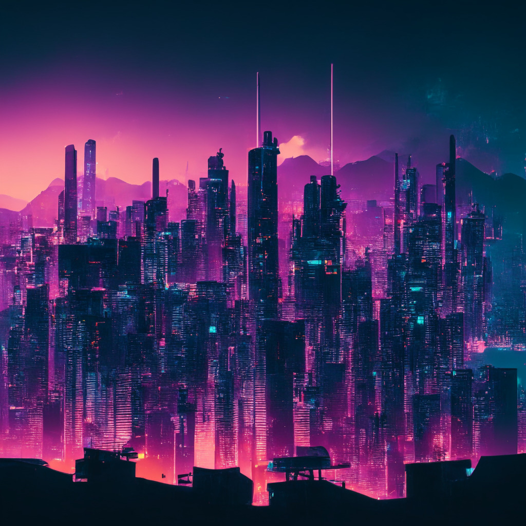 Dusk setting over Hong Kong's high-tech skyline, vivid blockchain nodes glowing in the air symbolizing Web3's potential. A futuristic cybersecurity aesthetic style to match the tech-savvy atmosphere, illuminating tokens, games, and digital entertainment. Scene juxtaposed with a crumbling digital platform, indicating the cautionary aspect, in moody muted colors, invoking a dynamic, yet thoughtful vibe.