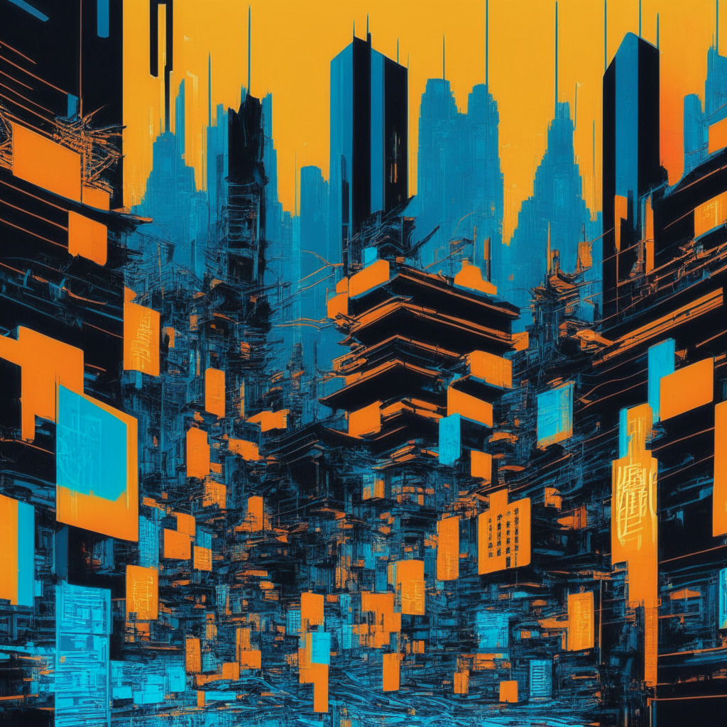 An abstract representation of the Chinese cities Shanghai and Suzhou, buzzing with digital activity, intricately designed neon signs highlighting discussions about digital yuan. The style is cyberpunk, capturing the urgency and forward movement. Dominant colors are cool blue, grey with warm yellow-orange highlights emphasizing 'committees and banks'. Bustling city scenes are offset by shadowy figures representing the looming uncertainties, in a moody, night-time lighting. The realism infused with the surrealsim of digital currencies.