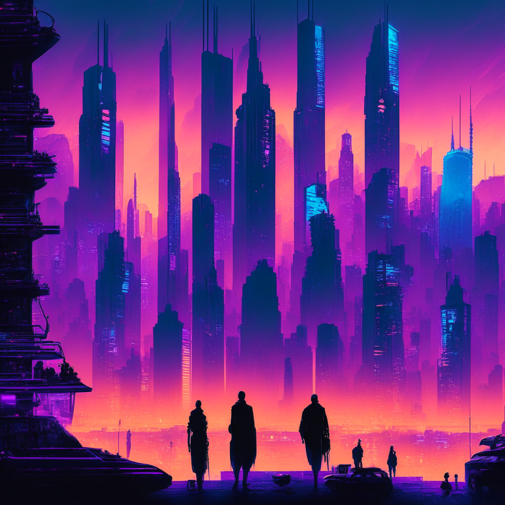 Futuristic Hong Kong skyline at dawn, awash with neon blues and purples setting an anticipatory mood. A symbolic license hovers with intricate designs, radiating soft golden light, symbols of cryptocurrency subtly integrated. Shadowy figures of retail people, representative of the populace, in foreground steps towards the glowing license. Art style: Cyberpunk.