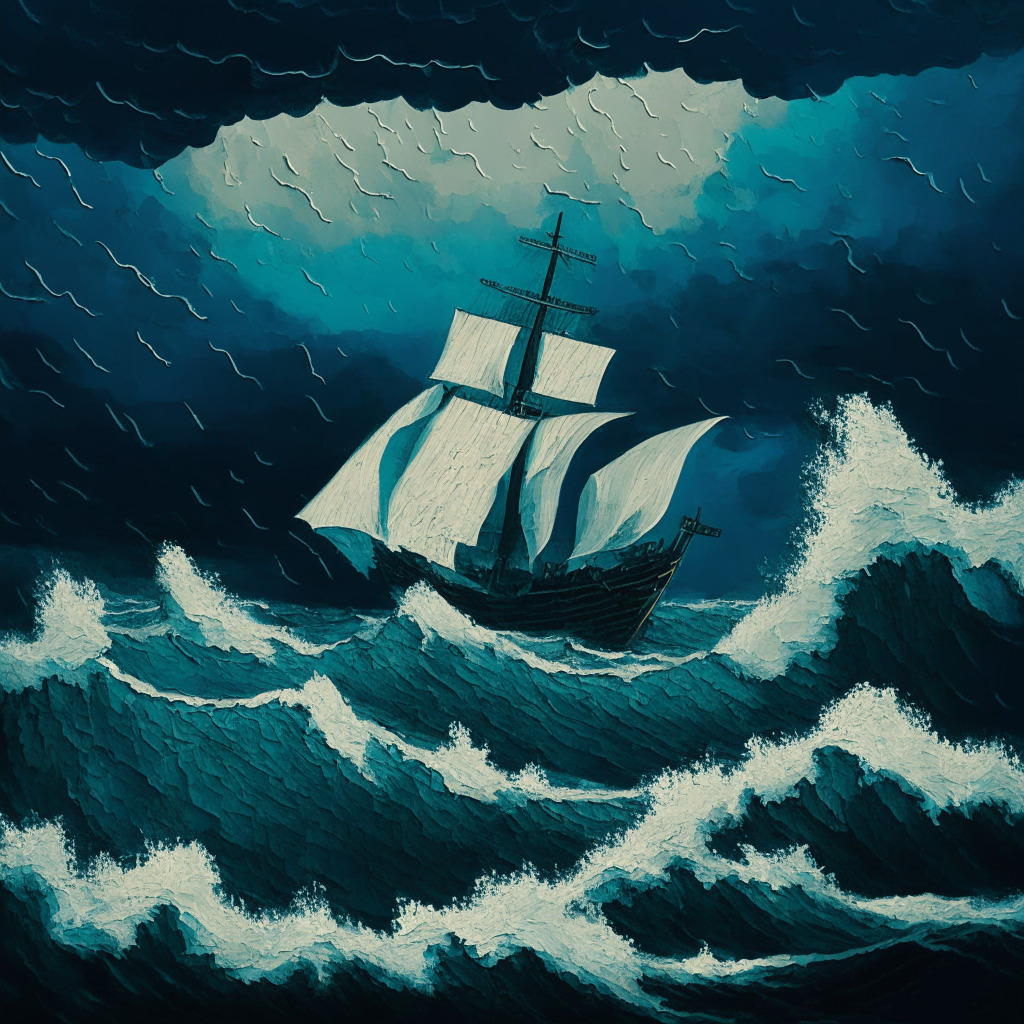 An abstract visualization of a stormy sea under a gloomy sky, reflecting cryptocurrency volatility, the waves harnessing detail of fluctuating Bitcoin values. Include a solitary ship symbolizing short-term holders being tossed, hinting at unrealized losses. Aesthetic should evoke feelings of a financial tempest, akin to an Edward Hopper painting, with an air of tension and uncertainty.
