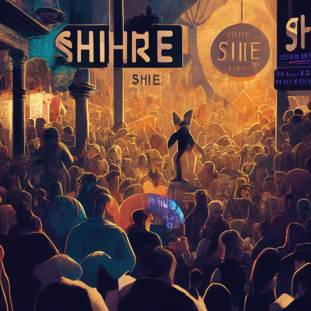 Dramatic depiction of a lively cryptocurrency market scene, with stark contrast between the embattled Hedera Hashgraph on one side and rising Shibie Token on the other. Use shadowy hues to represent HBAR's struggle, contrasted with vibrant, upbeat colors for Shibie's ascendancy. The image mood should echo the conflicting fortunes and the shifting dynamics of the crypto world.