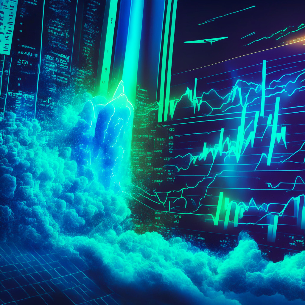 A bustling digital stock market in shades of electric blue and neon green, filled with symbolic holographic charts and graphs that depict a rising value. A vintage rocket dramatically takes off in the background, symbolizing Hedera Hashgraph's soaring increase. The lighting is dynamic, showcasing high contrasts between lights and shadows, adding to the tense, exciting atmosphere of the crypto-trade world. In the foreground lies an accessible Launchpad, indicating Launchpad XYZ's potential and symbolizing the future of Web 3.0.