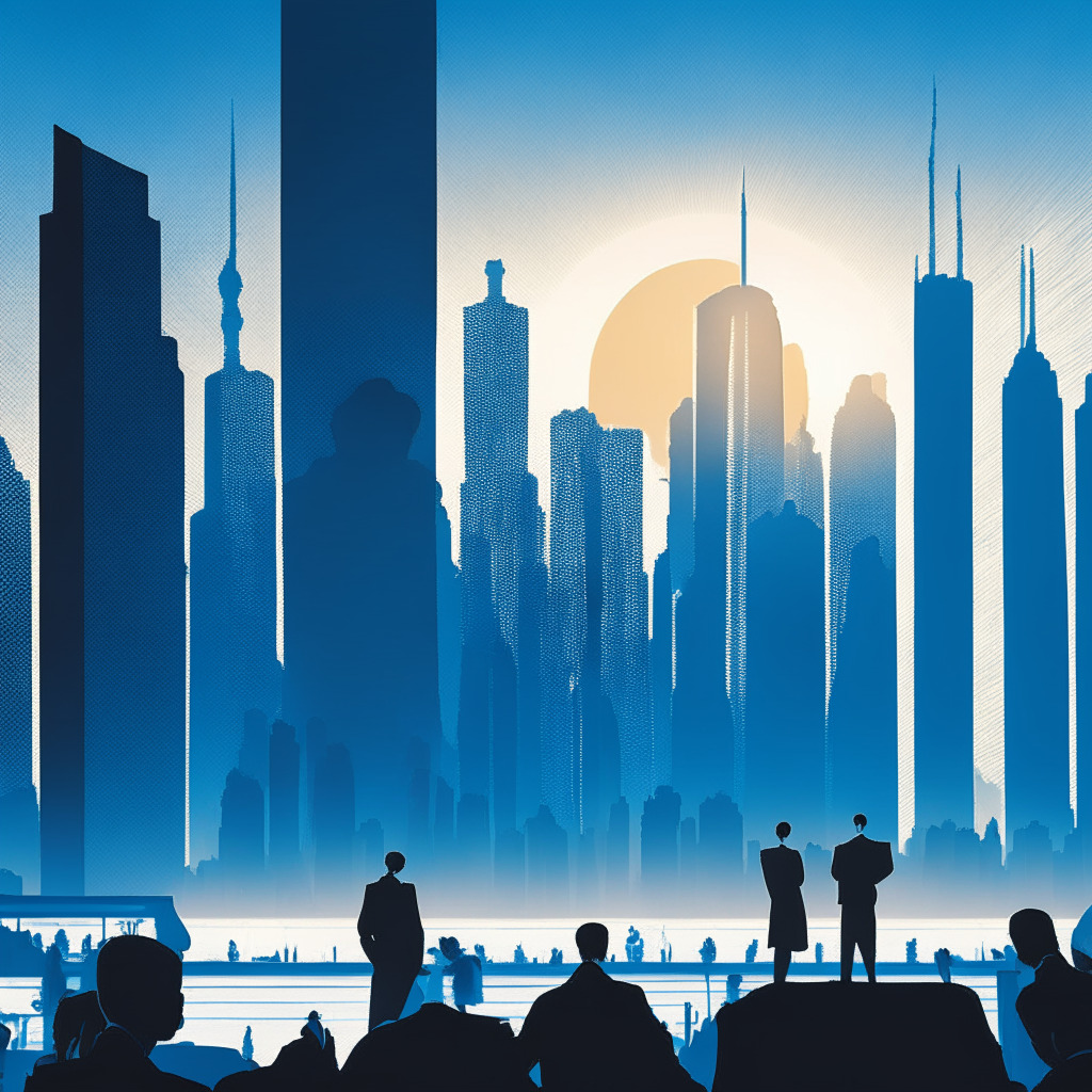 Sun setting over the Hong Kong skyline imbued with an ethereal blue hue, signalling the rise of a new digital era. Foreground exhibits silhouettes of people engaged in animated discourse, symbolic of regulatory discussions. Virtual coins like BTC, ETH lightly scattered, representing Hong Kong's burgeoning crypto market. Art Deco style capturing the classic yet futuristic setting, sombre mood hinting at ongoing hurdles.