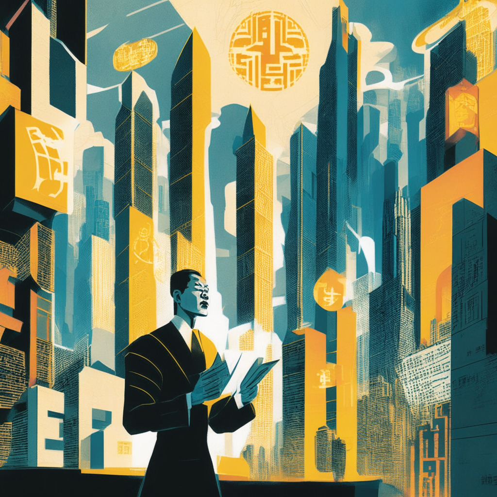 Hong Kong morphing into a radiant futuristic city glowing with cryptocurrency symbols, integrated with Shanghai skyscrapers in a style of cubism and futurism. A person bearing a striking resemblance to Johnny Ng stands in the center, holding parchment with legal scripts and a dialogue bubble, expressing the idea of harmonizing regulations. Shadows cast by severe obelisks, symbolizing China's rigid stance on crypto, pierce the progressive brightness, creating a mood of tense dichotomy yet hopeful resolution. The lighting is a blend of dawn and dusk, signifying the emergence of a new era and the uncertainty that lies ahead.