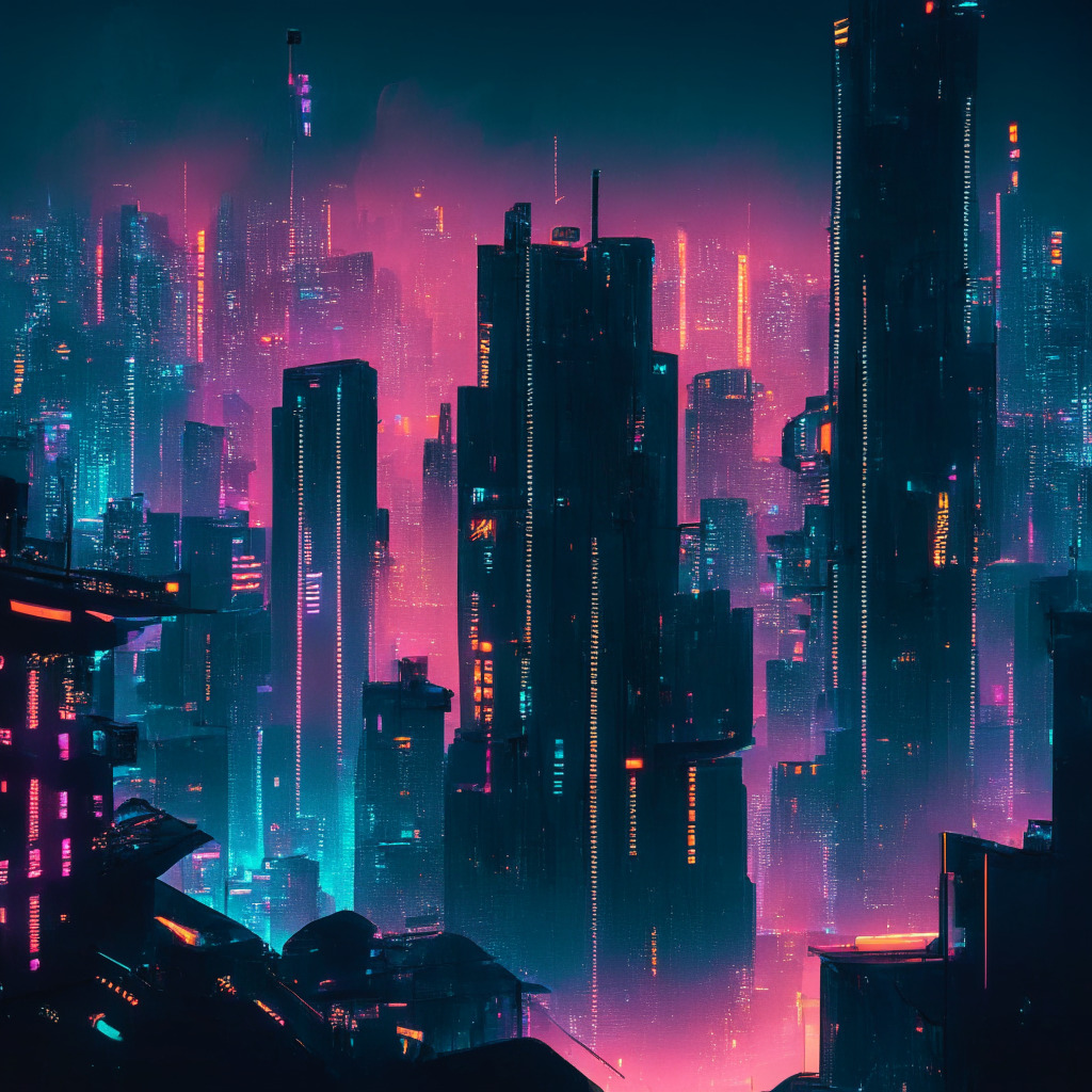 A bustling city landscape at twilight, Hong Kong's skyscrapers glowing with neon-lit signs illustrating cryptosymbols and blockchain imagery. The style is reminiscent of a futuristic, cyber-punk aesthetic. The atmosphere is charged, symbolizing the city's ambitious leap into becoming a global crypto hub, yet dense fog signifies regulatory challenges ahead.