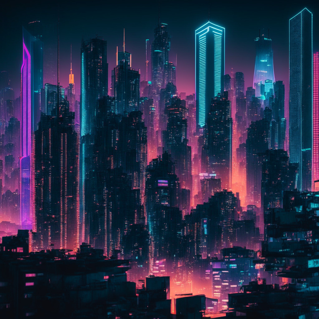 A cityscape of Hong Kong at dusk, illuminated by soft neon lights, with futuristic digital elements representing cryptocurrencies. The atmosphere is tense yet hopeful, with towering skyscrapers symbolizing large crypto platforms, and smaller, fading buildings representing small market players. The city skyline contrasted against the skyline represents a threshold, distinguishing opportunities from challenges, existing entities from the emerging ones. The style should be a mix of gritty realism and digital cyberpunk, invoking the economic battle to adapt to the new licensing regime.
