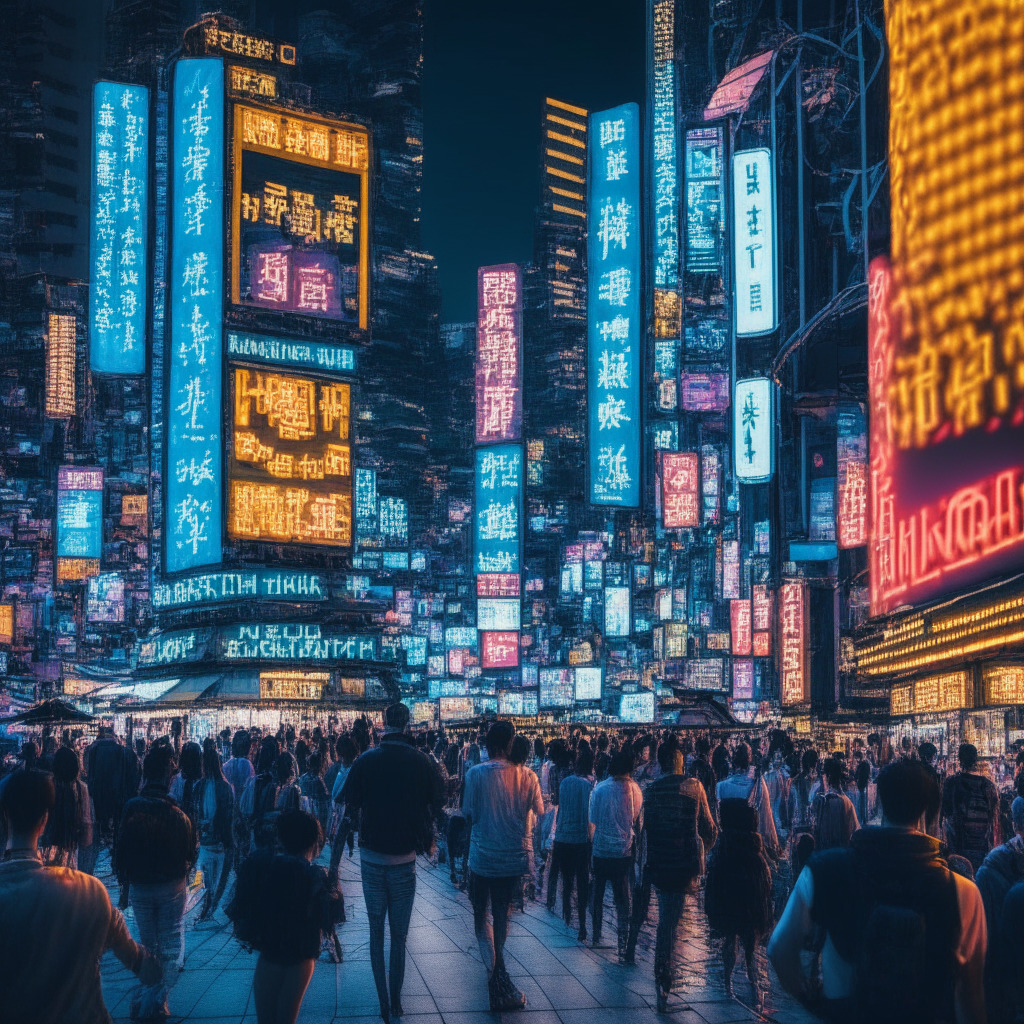 A bustling digital marketplace in the heart of Hong Kong, illuminated by the soft glow of neon lights, symbolizing the city's embrace of cryptocurrency. Bitcoin and Ethereum prominently displayed on digital billboards, reflecting Hong Kong's introduction of licensed access to these cryptos for retail investors. The atmosphere radiates a sense of optimism, fused with a subtle hint of uncertainty. Artistic style: Cyberpunk, full of vivid colors and high contrast shadows.