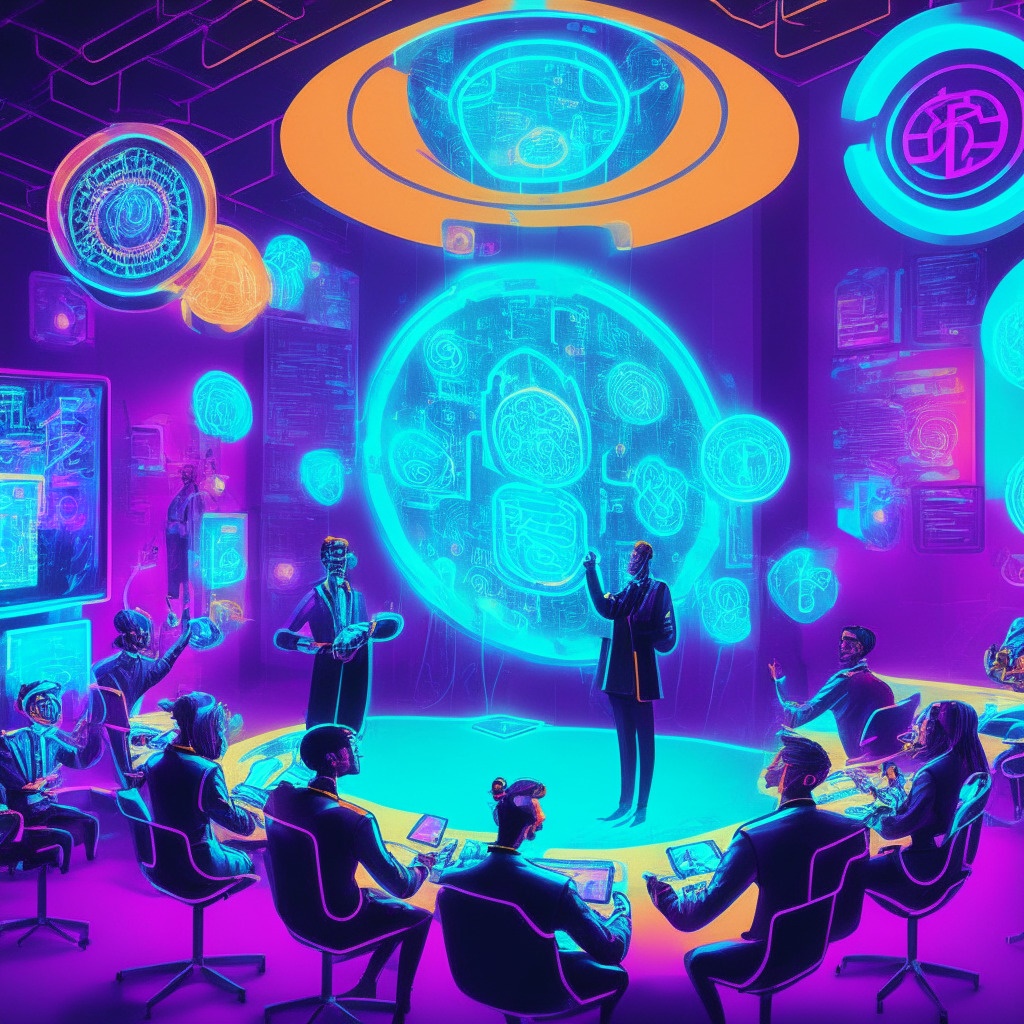 Virtual classroom filled with diverse individuals engrossed in a gamified crypto-educational platform, digitally lavish coins and tokens hovering, representing Hooked Protocol's dual-token model. The image illuminated with soft, vibrant neon hues creating a futuristic, innovative aura. Incorporate surrealist style, projecting an imaginative, dynamic exploration into Web3 and blockchain technology.