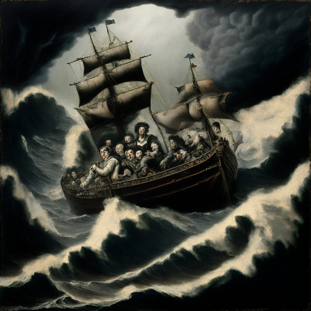 A turbulent storm at sea to depict market volatility, darker tones to signify decline, likened to an 18th-century oil painting. The storm is personified as Elon Musk and Donald Trump, sowing the seeds of unsettlement. Against this backdrop, a sinking ship represents Bitcoin, with 26,200 carved on the hull, teetering perilously on the vortex created by Musk and Trump. An ominous moon hovers above, symbolising Tether's decision, casting long shadows of uncertainty over the waters.