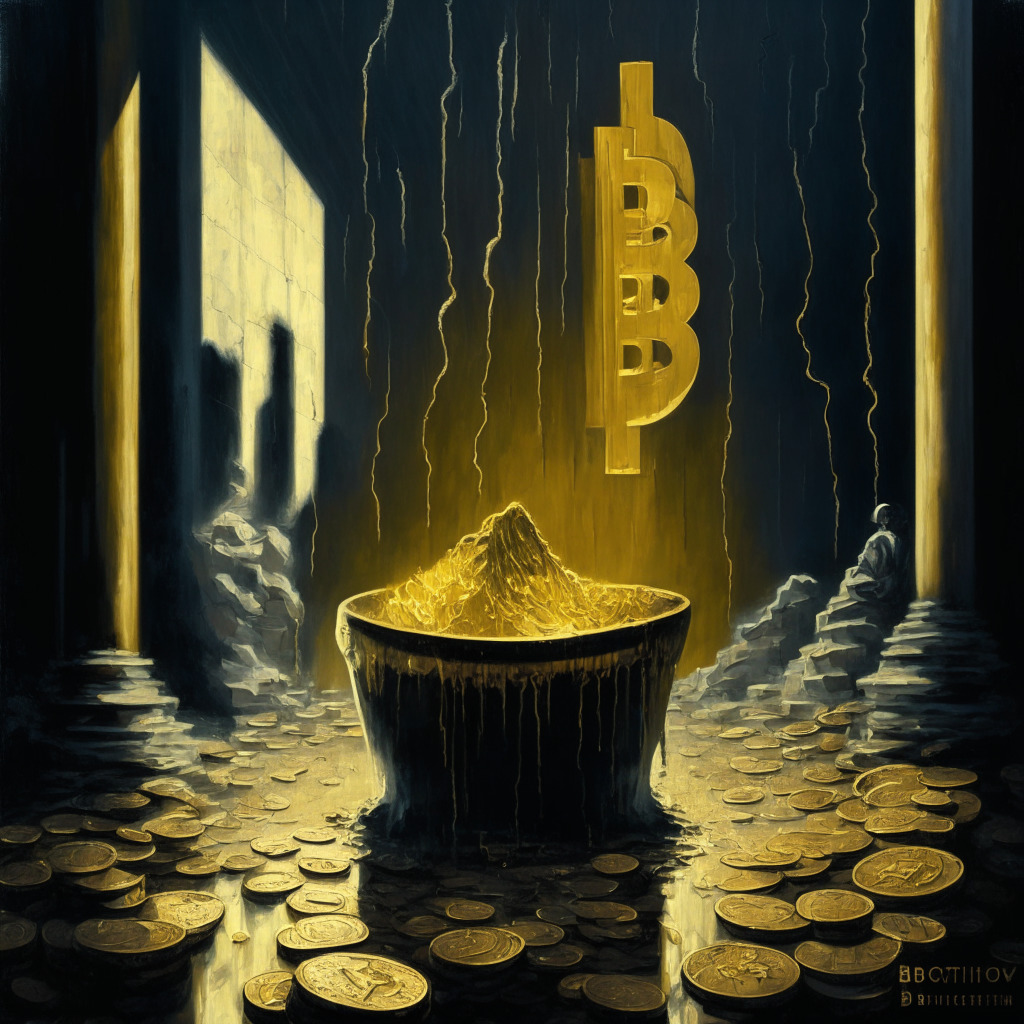 A dramatic, film-noir styled painting of a towering cryptocurrency scene, besieged by rumors of turmoil and dwindling balances. Mysterious shadows play across withdrawn coins, symbolizing a 33% drop. In stark contrast, a pot of gold symbolizes $1 billion in liquid assets, notable for its bitcoin predominance, highlighted by a glimmering sheen. The backdrop is an ominously cloudy sky signalling uncertainty yet a hopeful aura persists, reflecting potential for future recovery.