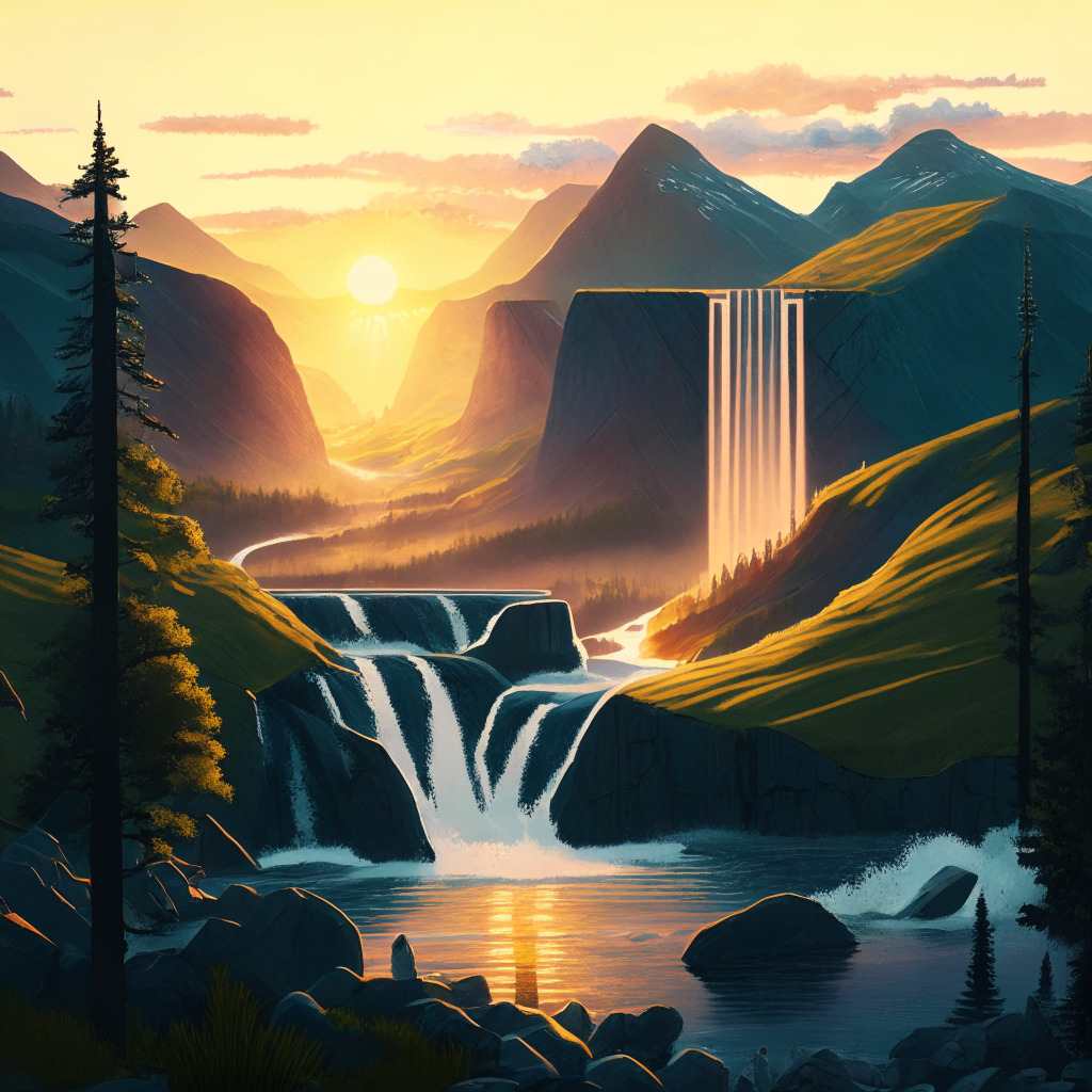 A Nordic landscape featuring a hydroelectric power station nestled in mountains with cascading waterfalls, sun setting on the horizon giving a serene glow. Technological advances like Bitcoin mining machines incorporating with the landscape artistically, a green energy grid balances in the foreground symbolizing renewable energy. The overall mood of the image is hopeful, yet contemplative emphasizing the fusion of technology and environment.