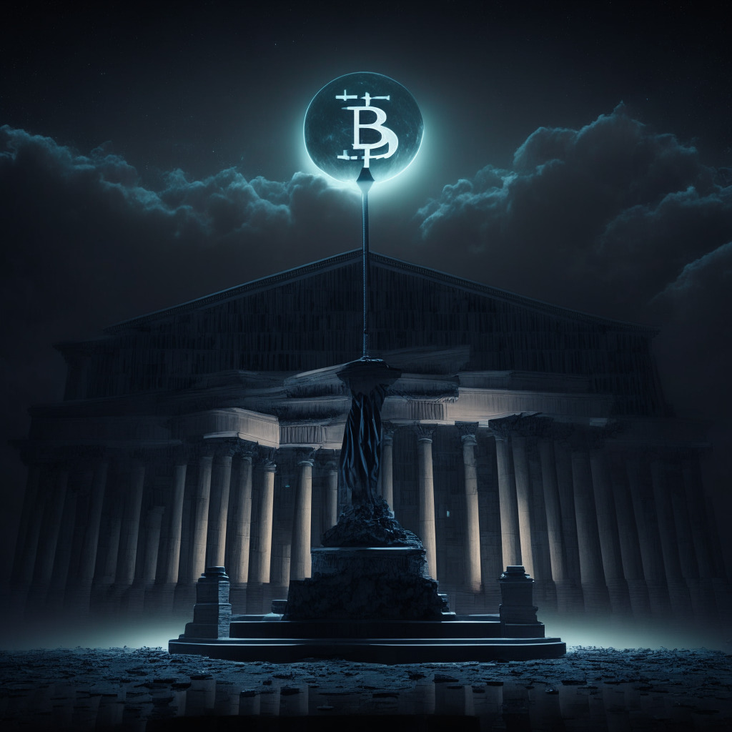 An imposing, imposing courthouse under an ominous dark sky, lit by sharp, cold moonlight. Judges hammer Bitcoin-shaped gavel on a digital desk made of blocks of blockchain code. The overall mood is one of stark reality and rigour, showcasing the intensified scrutiny on crypto staking returns. Shadows fall harshly, emphasizing tension and uncertainty.