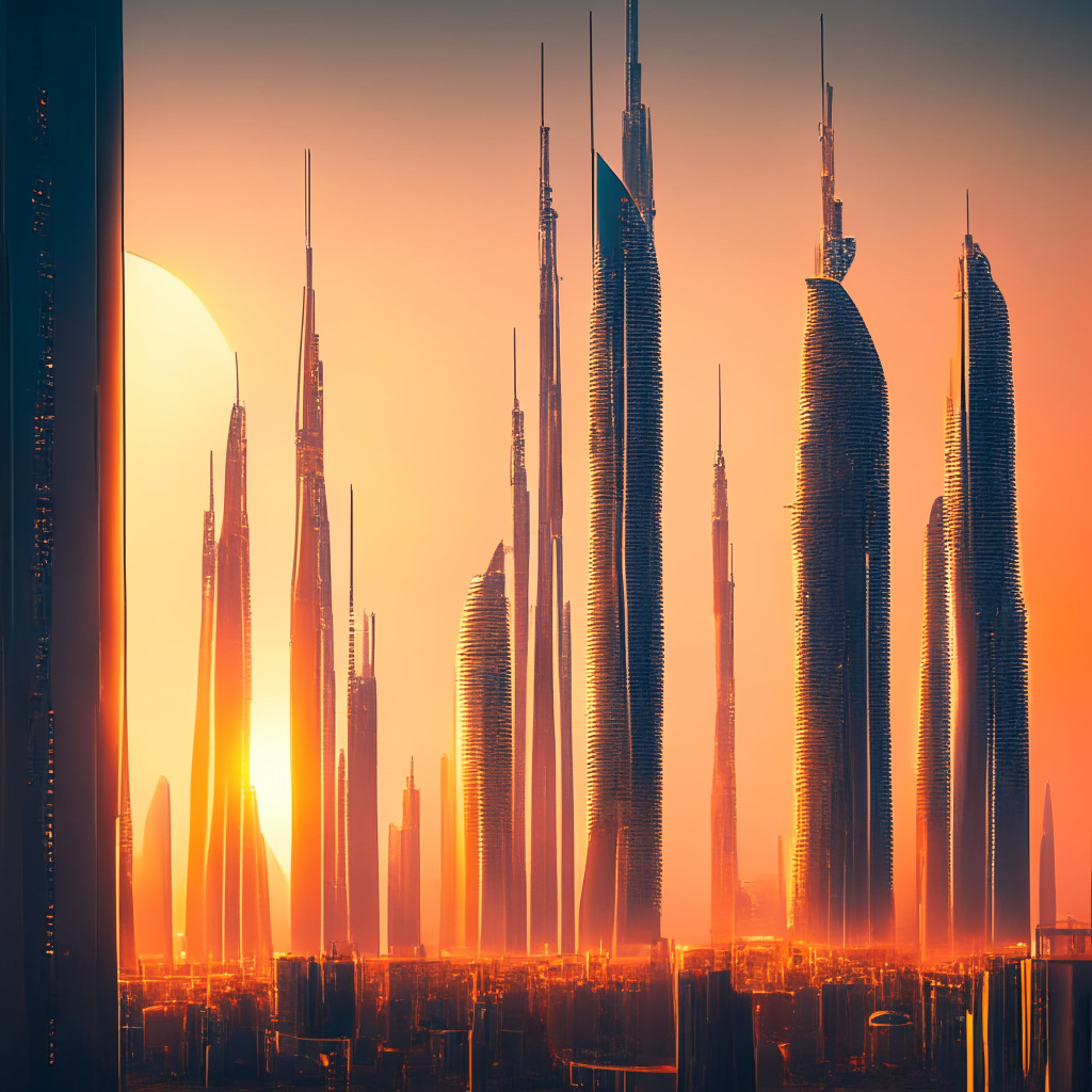Dramatic scene of a futuristic city in Dubai at sunset, bathed in warm, soft light. Towering skyscrapers representing the blockchain market, stand amidst a lively gaming realm with elements of Web3 and GameFi. Exude an aura of audacious investment, promising startups, and calculated risk, using an impressionistic art style. Mood conveys excitement mixed with uncertain anticipation.