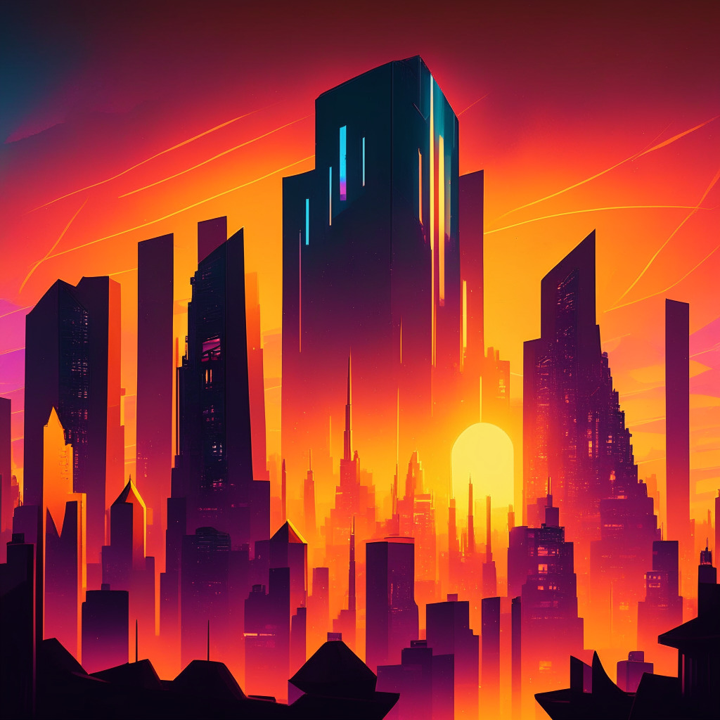 Sunset glow illuminates a futuristic city where towering buildings represent BASE's imminent listing on Coinbase and the market frenzy it ignites, abstract geometries symbolize layer-2 Ethereum blockchain technology. Aglow with optimism, one building soars high to embody rising OP prices, while a shadowy bear lurks, hinting at potential retracement. A playful mutt, a fusion of Shiba Inu and Barbie denotes the intriguing newcomer Shibie token. Mood - striking a balance between excitement and caution.