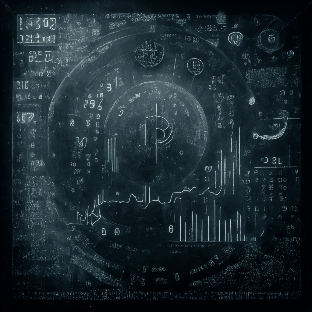 A vintage stock market board frozen in time, overlaid with Bitcoin symbols. The scene is washed in monochromatic hues of blues and grays, hinting at a volatile economic mood. The illumination is subtle yet specific, shedding light on highlighting key points of an impending bull run. Sprinkle of vintage aesthetics adds a sense of nostalgia.