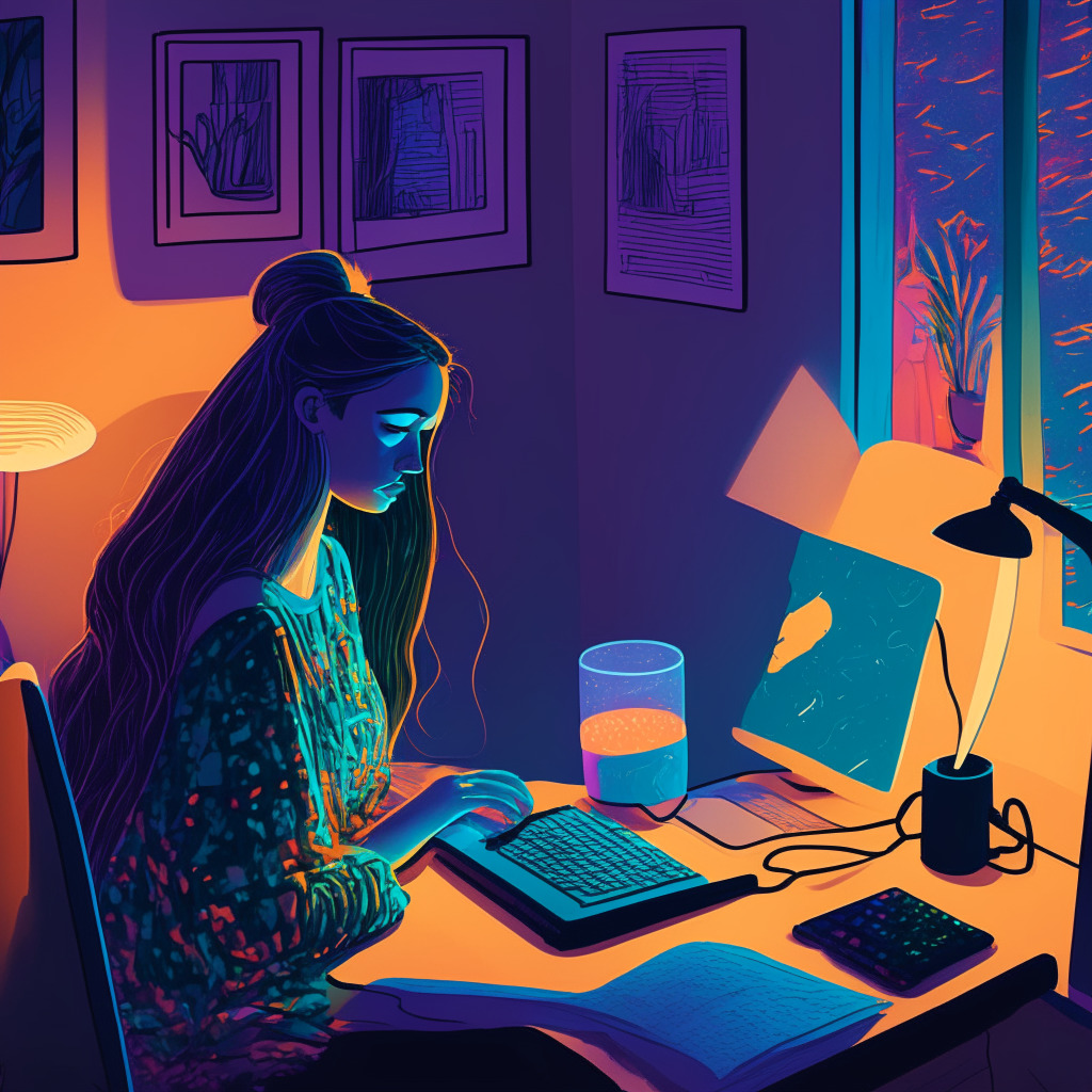 Portrait of a crypto-influencer in a home office setting, night-lit by a computer screen. She's blogging, a notepad full of ideas next to her, and a ukulele leans nearby. The style is digital Impressionism, using cool colors and soft tones to reflect serenity and determination simultaneously. Mood is introspective yet playful, hinting at humor and originality.