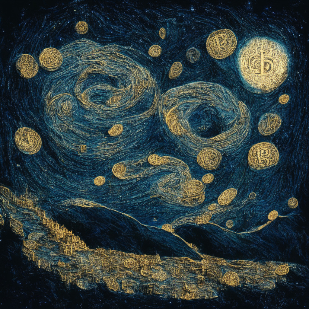A night sky illuminated by a constellation of digital coins, each resembling prominent cryptocurrencies, strung in a rollercoaster-like formation. The largest coin symbolizes Bitcoin, teetering on the edge of a cliff but casting a hopeful upward gaze. Blend of Van Gogh’s Starry Night swirls for added drama. Atmosphere is tense yet hopeful, hinting at uncertainties and potential triumphs.