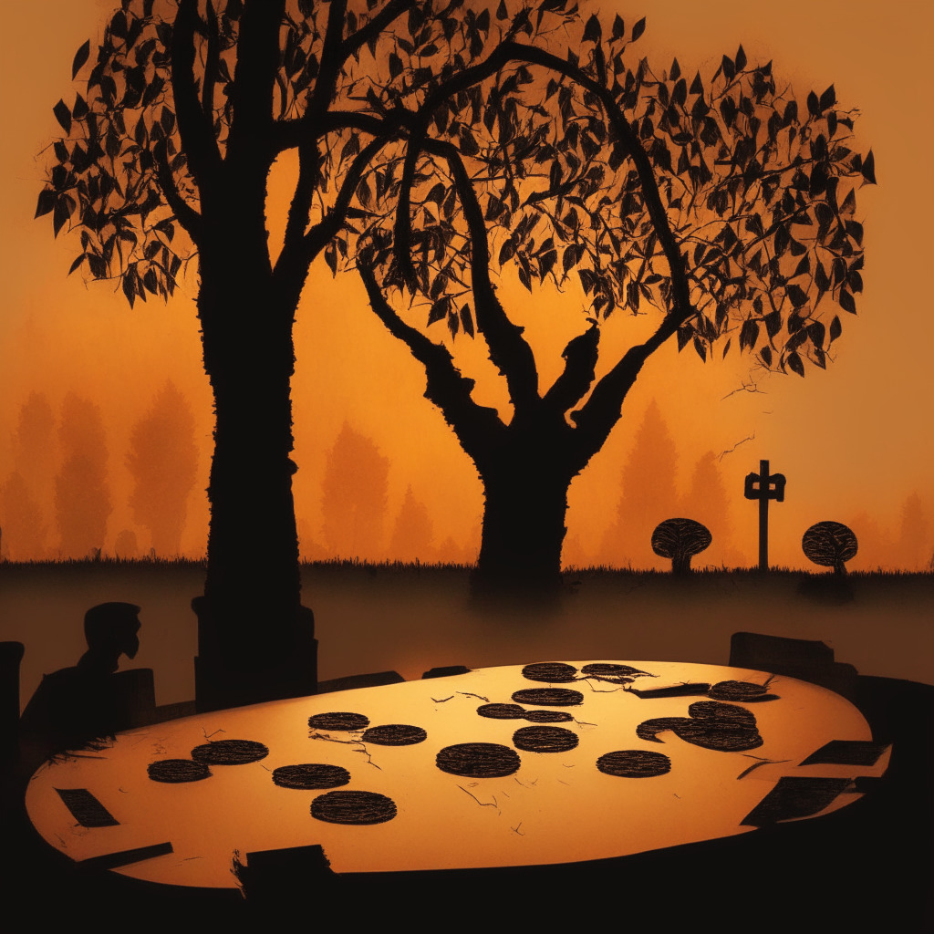 A stark contrast of tumultuous crypto markets under the heavy taxation, set at dusk with gloomy hues symbolizing uncertain financial future in India. Layoff letters spread across a wooden table reminding of the job cuts, symbolized by a prematurely falling autumn tree, its fiery leaves representing ‘CoinSwitch’. A giant silhouette of the Indian government's hand hovering, insinuating the tight financial grip and oppression. Keep focus on the scale, using cubist style to portray the complexity.