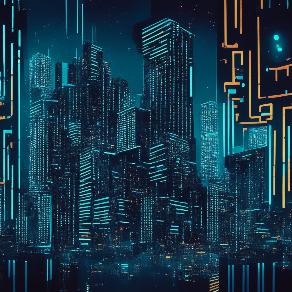 A high-tech financial hub in a night-time cityscape, noir-style palette with bold geometric patterns representing blockchain. Futuristic digital rupees, signs of interplay between a physical retail store and cyberspace. Watchful gazes embodying robust security, symbolizing the transformation of India's economic landscape, imbuing uncertainty yet anticipation.