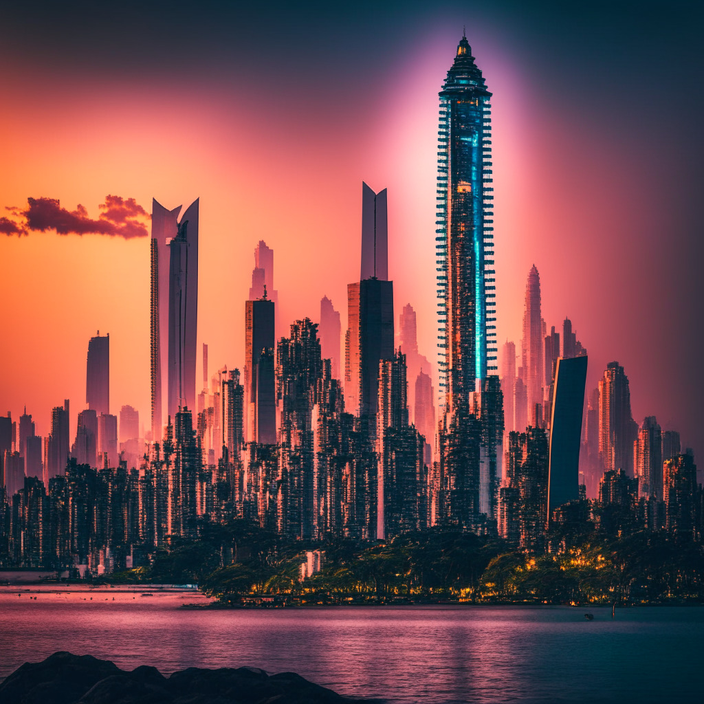 A panoramic view of a vibrant, digital Mumbai skyline at sunset, a cryptocurrency-inspired leaning tower symbolizing India's stance on crypto legislation standing tall amidst traditional buildings. With a futuristic, cyber-punk aesthetic, the city emits an etheric glow from digital rupee-shaped lights. The atmosphere is tense but hopeful, reflecting India's cautious but pragmatic approach to digital assets.
