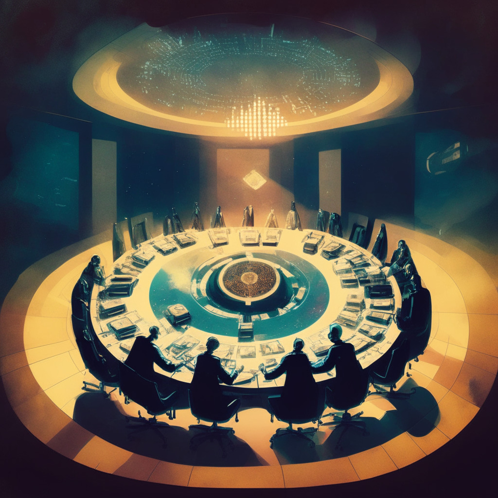 A futuristic image of a committee room filled with diverse representatives, under warm, dimmed lights. Atmosphere teeming with anticipation. Striking, abstract representation of cryptocurrencies floating above a large round table, hinting at virtual discussions. Displaying a harmonious, yet tense ambience, reflecting the complex balance between innovation and regulation. Artistic touch inspired by Indian miniature painting.