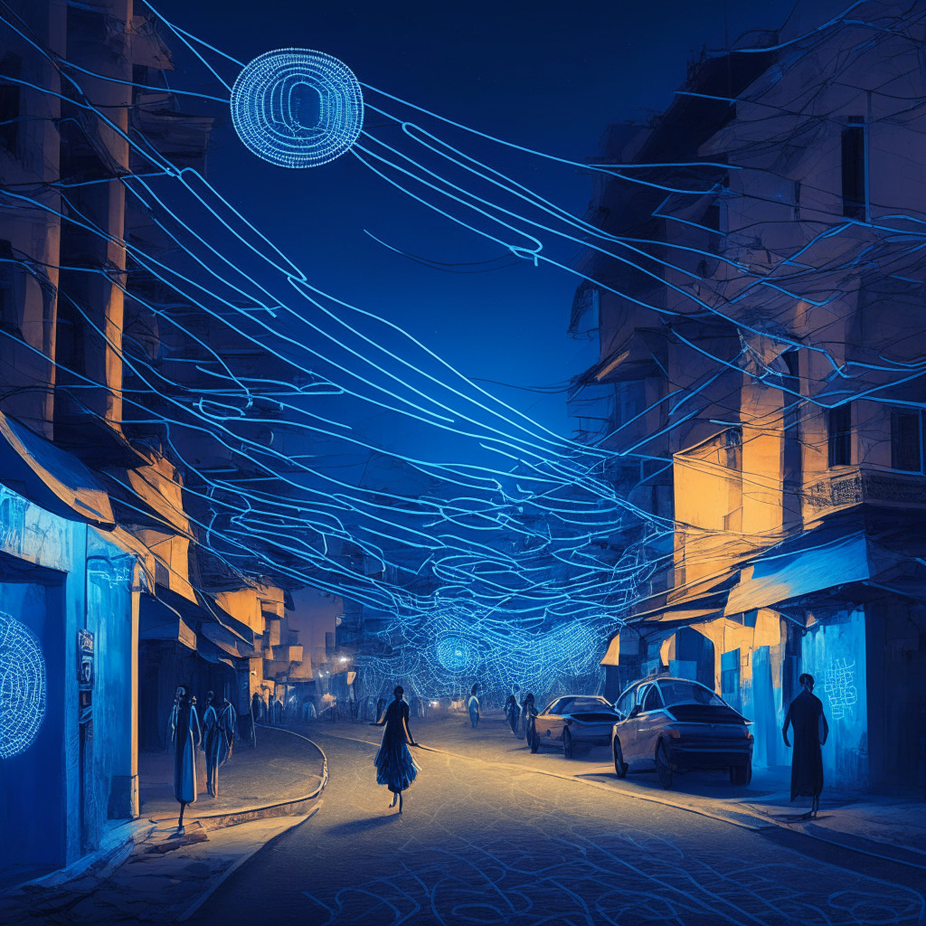 Dusk-lit Indian street with a snaking string of digital 0s and 1s symbolizing crypto tokens. A native browser window hovers overhead, emanating an ethereal glow. Layers of the scene transition into blue hue, suggesting a journey of uncertainty yet optimism. Captures the essence of potential roadblocks and digital progress in India’s crypto journey.
