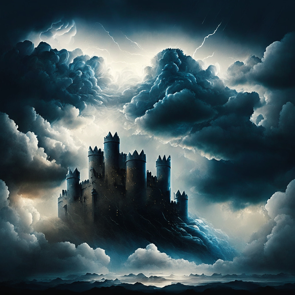 An abstract representation of a digital storm, tempestuous clouds pregnant with binary code, looming over a fortress symbolizing Crypto-Exchange. Mood: brooding yet hopeful. Artistic Style: Surrealism. Light setting: stormy with glimpses of sunlight poking through the clouds, illuminating facets of untouched vaults holding onto crypto account passwords.