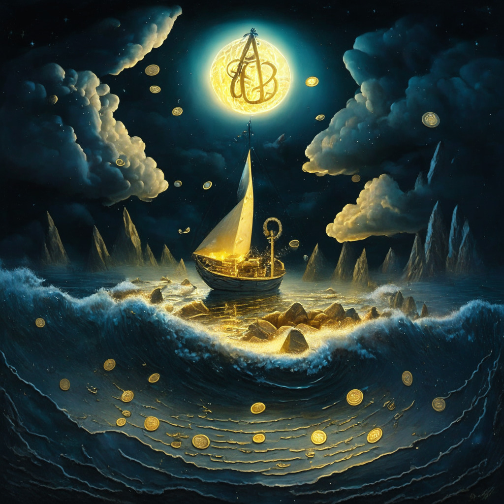 A moonlit virtual landscape, painted in surrealistic style, featuring stablecoins like anchors amid a stormy cryptosphere. A looming, ominous vortex symbolizes inflating US CPI data. Among the ebbs and flows of the market, tiny boats signify small cap coins navigating uncertainty. The mood is tense, stirred by golden sparks representing momentary gains and potential volatility.