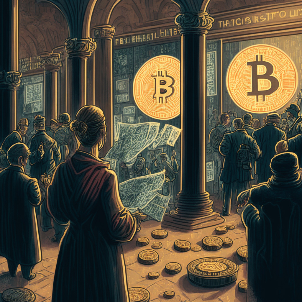 A meticulously detailed illustration of trading market scenes, one traditional, the other crypto-based. Aura of anticipation, a potential revival of inflation, casting a somber mood on the classic market board and a bit of resilience on the Bitcoin front. Both venues in late-afternoon ambiance, hinting at the approaching release of CPI data. Brushwork in the style of realism, heightening the tension.