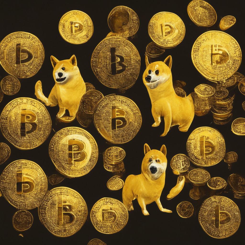 Digital gold rush, stablecoin PYUSD symbolic representation, coin imitations multiplying across Binance, Ethereum and other platforms, stark contrast between authentic and imitation tokens, diverse light settings depicting rapid rise, Ethereum-based counterfeit with staggering trade volume, comedic spin on counterfeit with 'PepeYieldUnibotSatoshiDoge' token, elements indicating potential honeypot traps, suggestion of cautious approach for investors, mood reflecting hazardous yet exciting blockchain world.