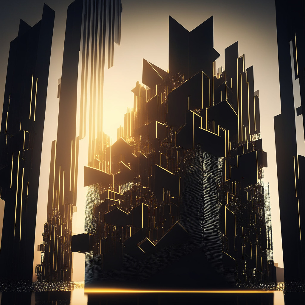 A modern, abstract digital cityscape composed of dynamic, metallic structures, symbolizing blockchain technology, under a contrasting, yet harmonious mix of cold and warm light casting long shadows, creating a mood of anticipation. One large, monolithic building representing centralized information platforms displays a prominent '404' error, indicating inaccessible data, casting a somber mood over the scene, while multiple smaller, diverse buildings surrounding it suggest a wide array of alternative information sources. The overall art style is futuristic and tech-oriented, with an underlying tone of urgency and caution.