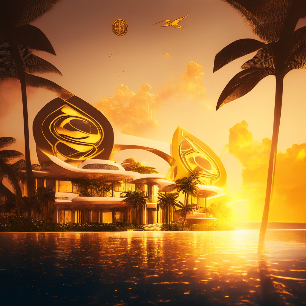 A luxurious tropical real estate vista in the Cayman Islands at sunset, bathed in warm, golden hues, symbolizing luxury real estate investment potential. Futuristic, elegant crypto symbols dramatically float in the sky, painted in a Neo-Futurist style, symbolising digital payment and innovation. The atmosphere is filled with anticipation, reflecting an exciting investment opportunity.