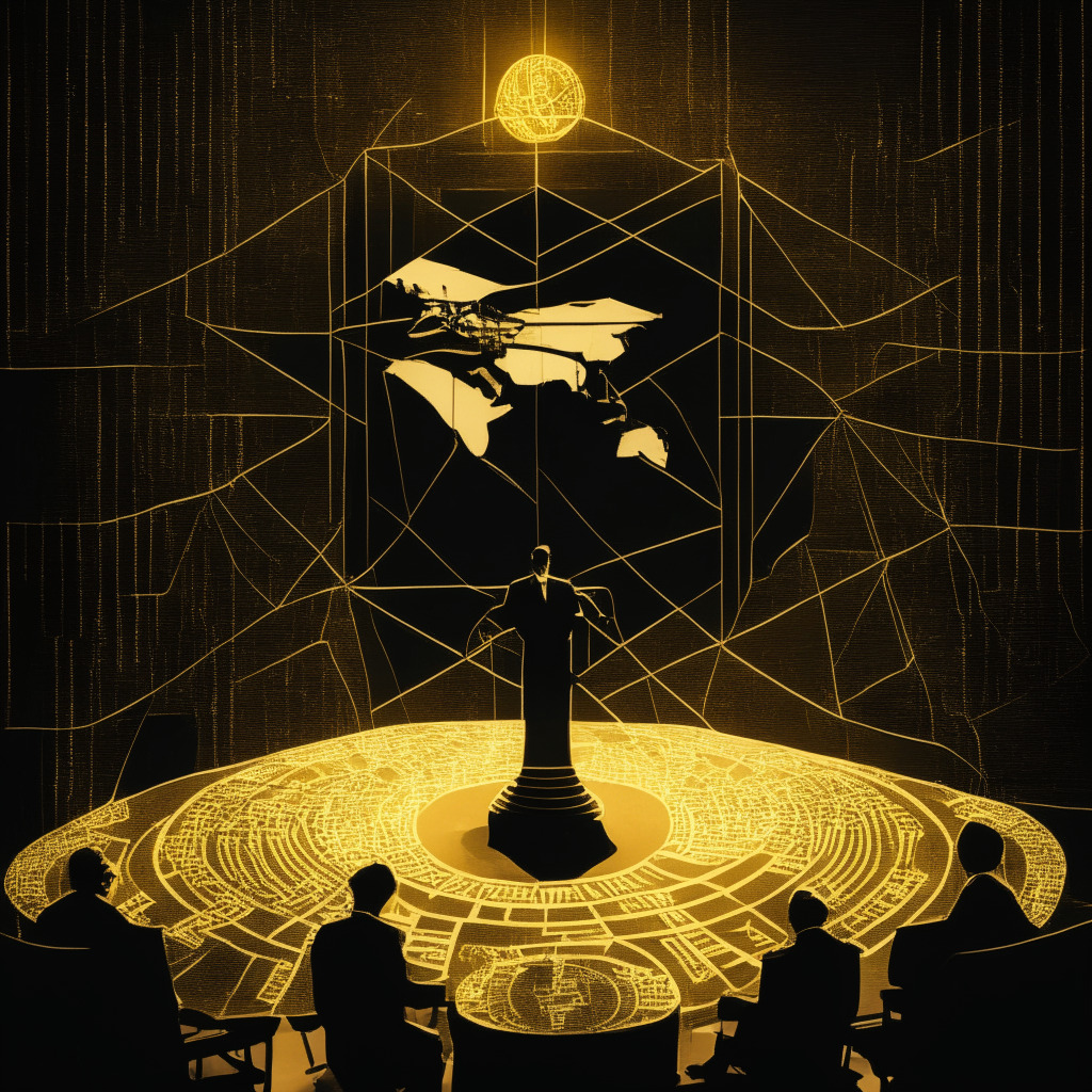 Dark, crypto-themed courtroom drama, evoking chiaroscuro lighting for dramatic effect. The stage is set with a precariously stacked deck of golden bitcoins representing a pyramid scheme. Lurking, ambiguous figure shrouded in high contrast shadows in foreground symbolizing the alleged fraudster. Global map as backdrop conveying international intrigue. Subtle symbolism of spider web woven around the scene evoking the sense of entanglement. A balance scale tips over on one side indicating miscarriage of justice. The mood is mysterious, tense and foreboding.