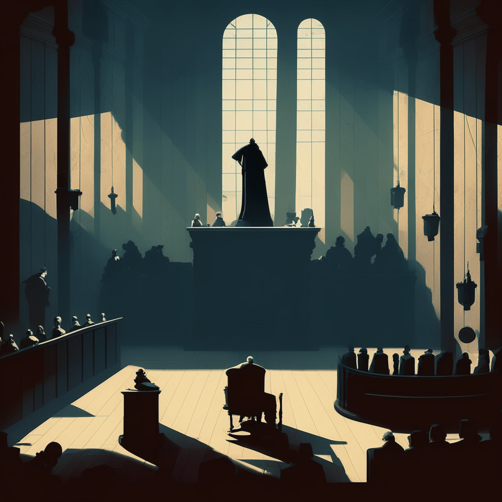 Gloomy courtroom scene casting long shadows, featuring a stylized judge and defendant, a symbolic domino falling in the background depicting the consequences of corruption. Foregrounded are transparent crypto coins and a prison bar motif, the aesthetic reminiscent of gloomy renaissance painting to invoke melancholy, fear, and uncertain future.