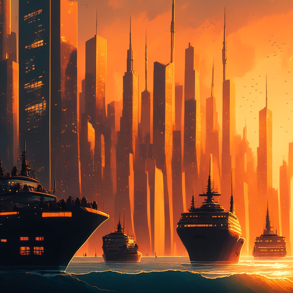 A late evening scene in a bustling financial district, city skyline glowing with the soft amber hues of sunset. In the foreground, two large ships, symbolising B2C2 and Woorton, merge course creating powerful waves in the ocean, embodying the volatility of the crypto market. Faces on buildings gazing at this merger, showcasing the keen interest of financial regulators. Subtle tones of uncertainty yet excitement in the atmosphere.