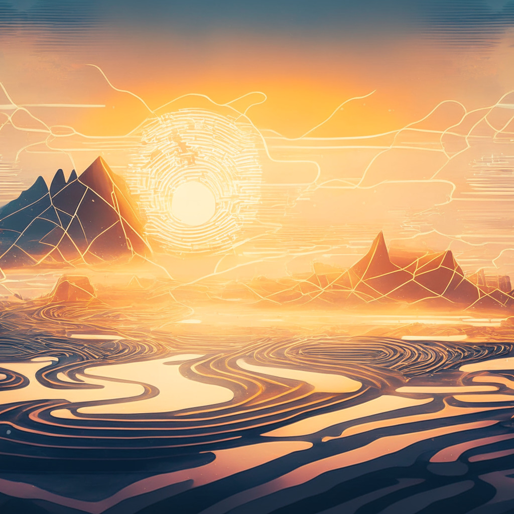 An abstract digital landscape, bathed in the soft glow of a rising sun, symbolizing a new era. A foreground element of complex neural networks, representing artificial intelligence, intertwined with cryptocurrency symbols. Waves subtly hint at the volatile but promising nature of crypto trading. A background expanse to represent vast potential. Mood: hopeful, mysterious, complex.