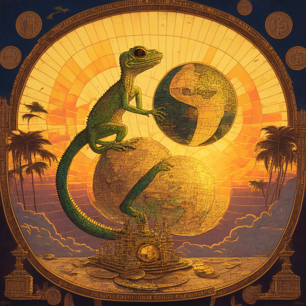 A vintage-style painting of an intricate, brass-tinted mechanical gecko standing atop a globe permeated by dollar bills and cryptocoins, symbolizing CoinGecko's global financial impact. The scene is illuminated in a warm sunset hue, reflecting minimal shadows and hinting a mood of subtle confrontation. An intricate maze replaces the continents on the globe, suggesting regulatory complexity and navigation challenges.
