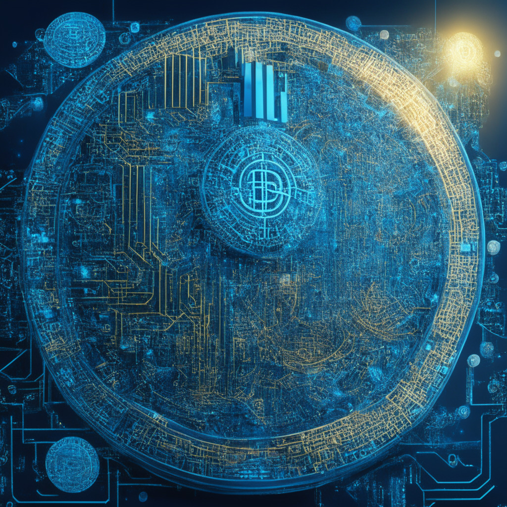 An intricate portrayal of holographic GPUs, emblematic of AI and Bitcoin mining, surrounded by blockchain elements and code symbols. The style is futuristically ethereal, with a cold, metallic blue color scheme. In the background, an overlaid map marks Canada and Texas, symbolizing sustainable energy locations. The light from a setting sun conveys the transitional phase of disk drive technology. The image projects a complex, cautious optimism. A subtle note of urgency is evident in the stormy, cloud-dominated sky, underlining power consumption and environmental concerns.