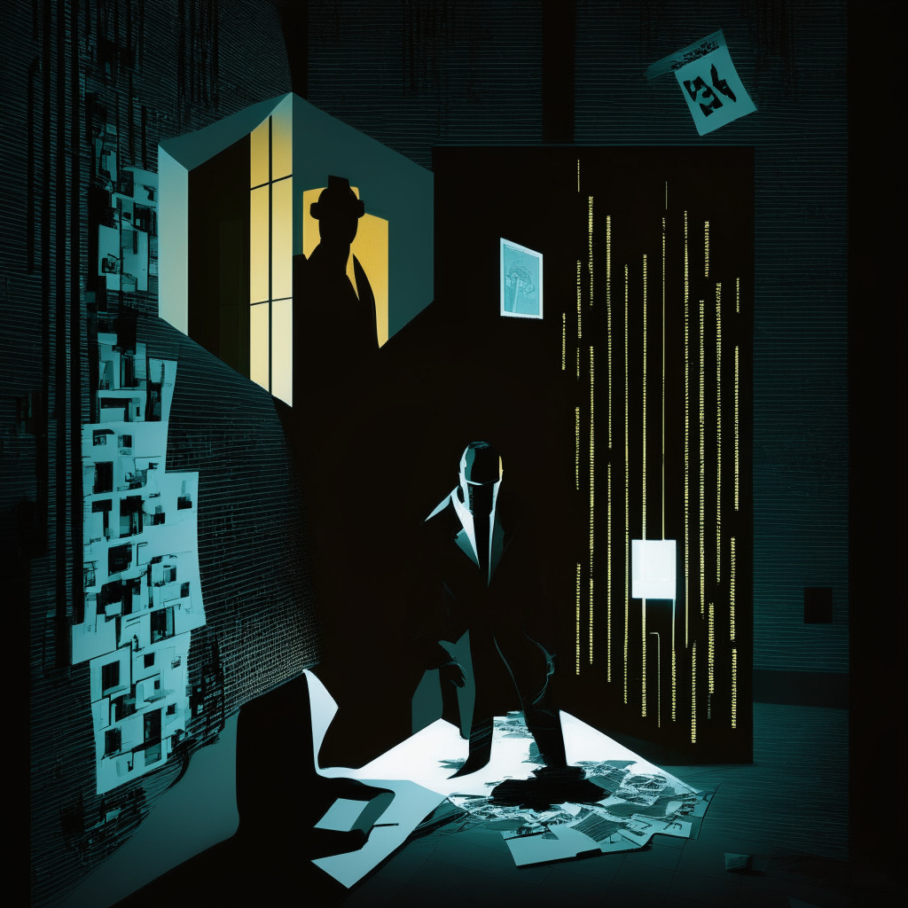 Digital crime scene of a crypto heist, mid-night setting with low-key lighting. In the foreground, a highlighted loophole represents a breach, a shadowy figure illustrates the hacker. Background features an abstract representation of the stolen $7.3M, with a noir, suspenseful mood. The image combines elements of cubism for an impactful dichotomy symbolising the contentious balance between freedom and security complexity in the DeFi landscape.