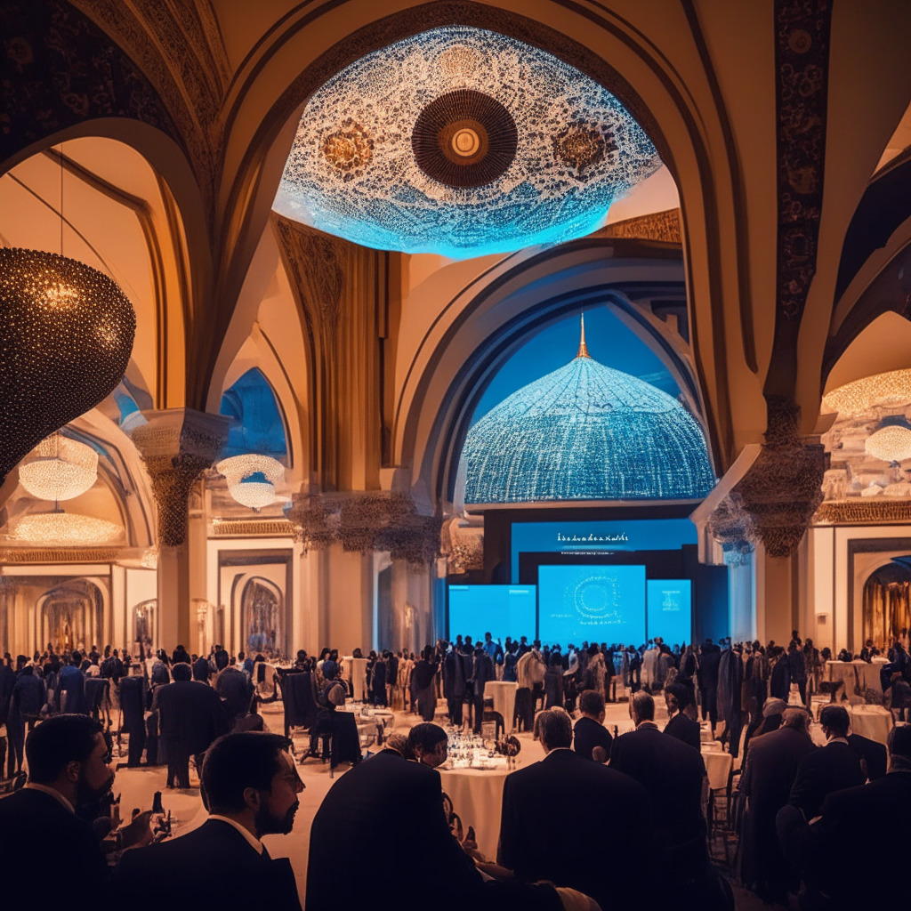 Splendid mix of East and West cultural ambiance, warm tones of a balmy Istanbul evening, a bustling professional crowd discussing cutting-edge web3 themes. Image showcases the grand Hilton Bomonti conference hall, whispers of Islamic architecture, and a futuristic overlay signifying the digital, blockchain-centered discourse. Mood: Inspirational, Dynamic.