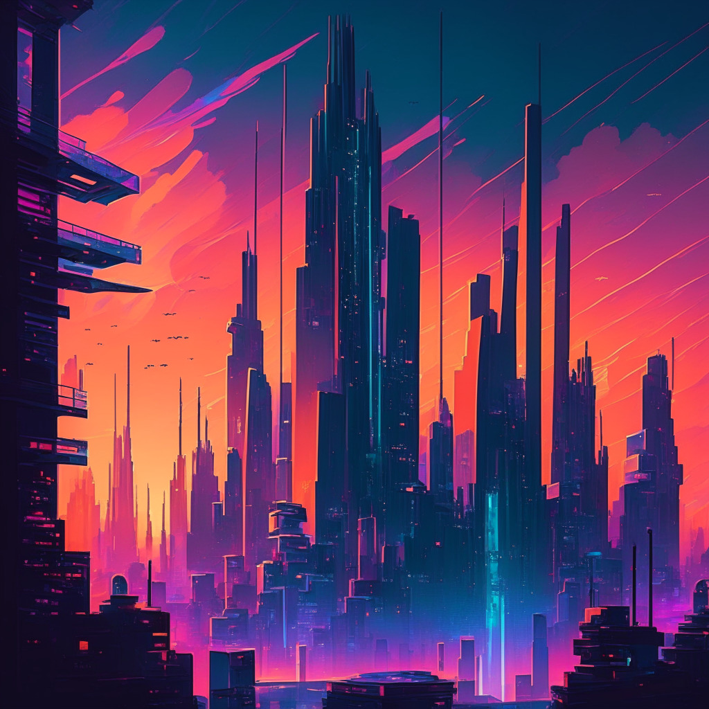 Paint a grand tableau of a futuristic cityscape, immersed in the twilight of an evening glow, where AI and blockchain elements dominate the skyline. Make AI holograms interact with ethereal blockchain chains. Convey a sense of anticipation, but also of inherent complexity. Use a color palette to evoke both curiosity and a modicum of skepticism.